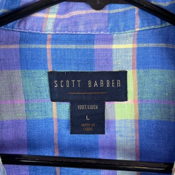 Scott Barber Mens Shirt Blue Plaid 100% Linen Short Sleeve Button Down Large - Picture 6 of 11